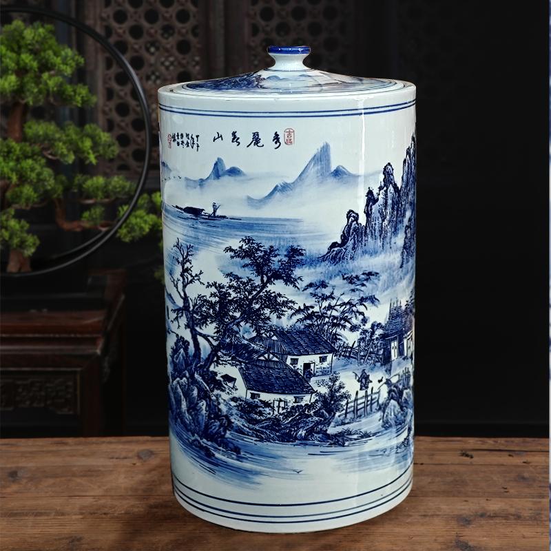 景德镇陶瓷茶叶罐特大号普洱茶饼储存罐防霉防潮茶叶收纳罐盒山水