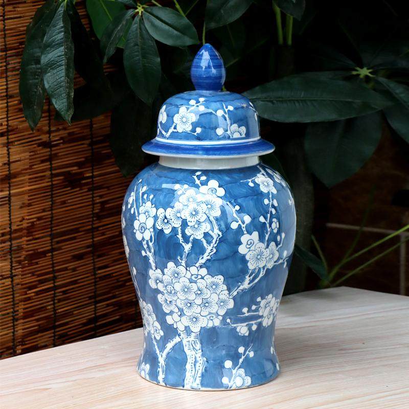 景德镇青花瓷将军罐花瓶储物罐新中式客厅插花摆件装饰手绘梅花