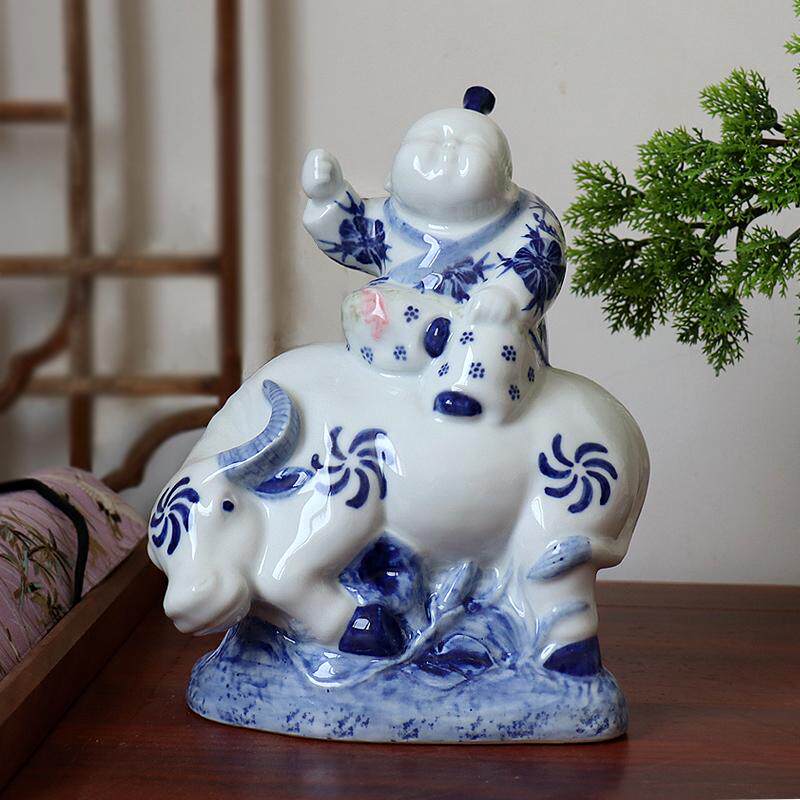 景德镇陶瓷娃娃工艺品客厅博古架中式家居装饰品牧童骑牛陶瓷摆件