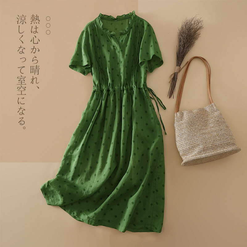 589绿色波点气质纯苎麻连衣裙女士收腰显瘦夏季韩版中长款裙子薄