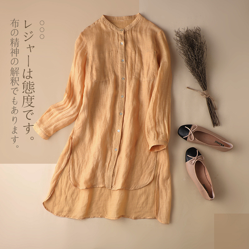 22029-1亚麻中长款薄开衫女夏季休闲棉麻衬衫小众设计感开叉上衣