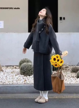 W2F韩系搭配一整套冬装灰色毛呢外套高级感小香风半身群两件套裙