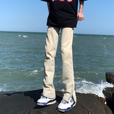 美式高街拉链黄泥牛仔裤男夏季弹力修身潮牌宽松直筒微喇裤子男生