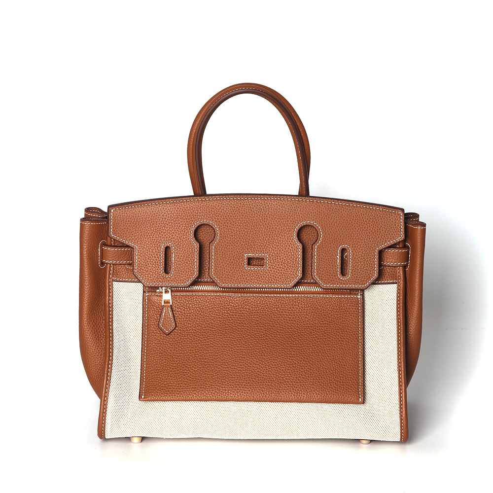 2025新款福宝马鞍皮拼接铂金包TC牛皮复古大容量手提帆布包女包