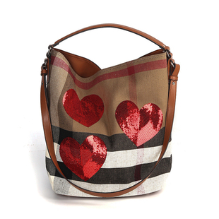 新款黄麻配头层牛皮水桶包大容量通勤包爱心亮片单肩包欧美女包包