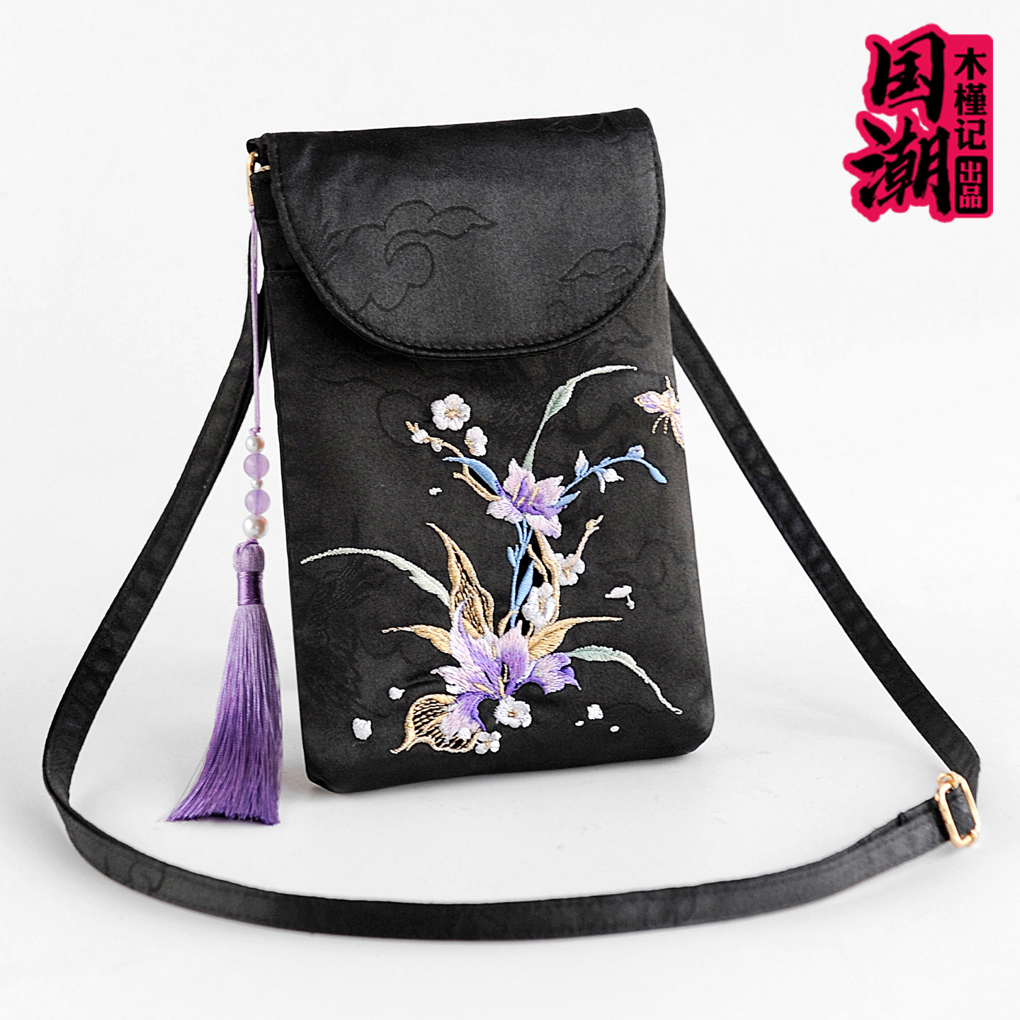 国风刺绣花朵手机包斜挎双层手机袋女包贴身斜挎小包民族风零钱包