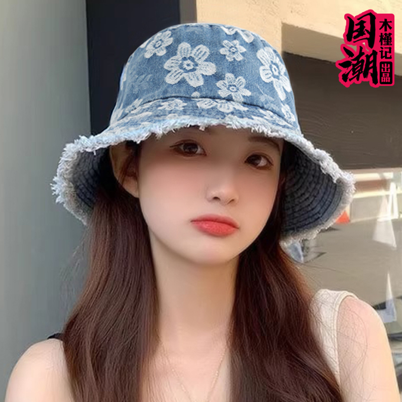 春夏季女时尚织花牛仔布渔夫帽