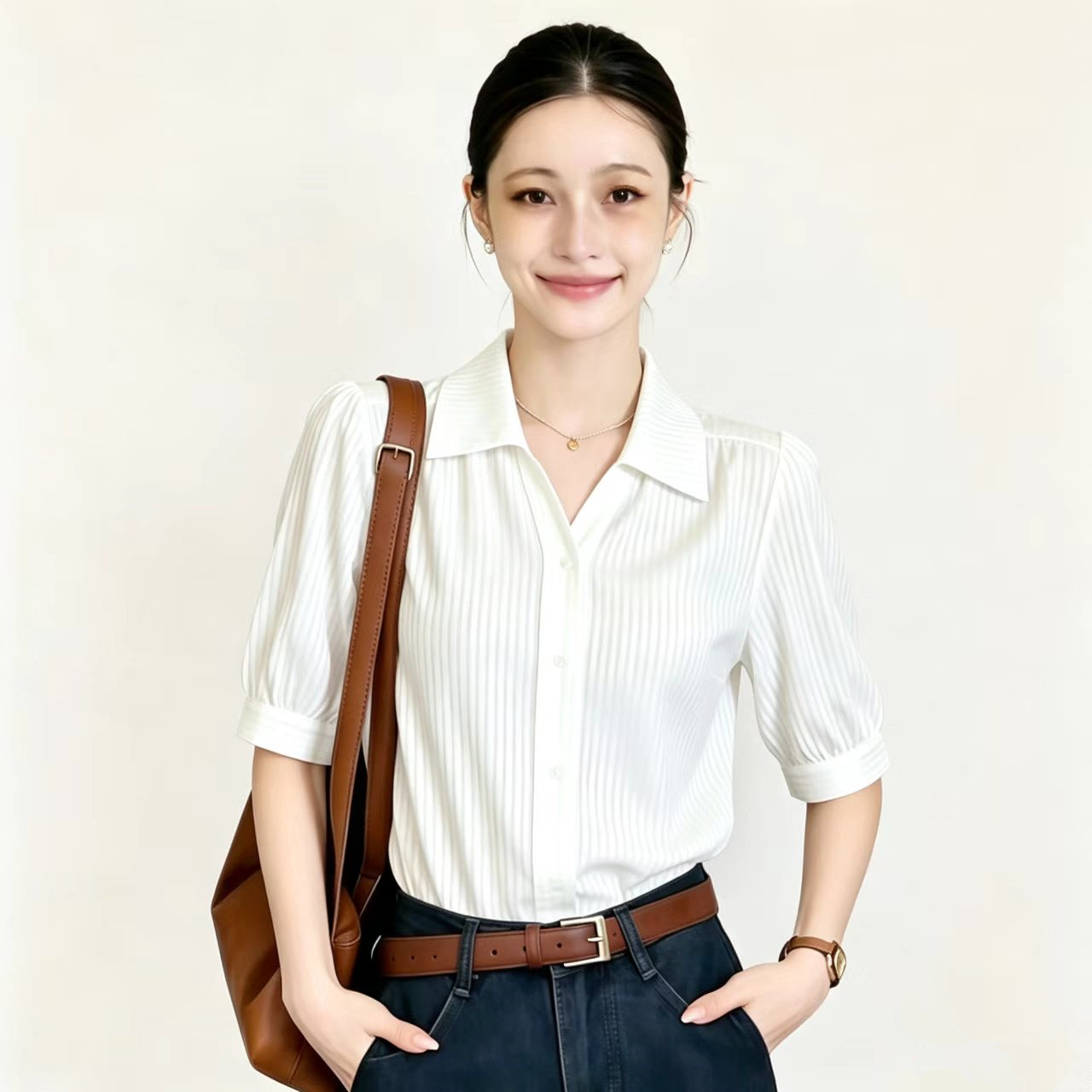 冰丝竖条纹中袖衬衫女轻熟风垂感抗皱polo领五分袖职场气质上衣