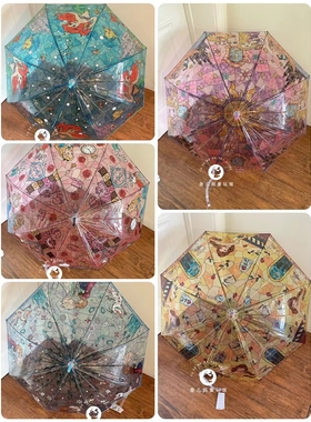 日本J's Planning迪士尼公主彩绘玻璃透明长柄雨伞骨60cm大童成人