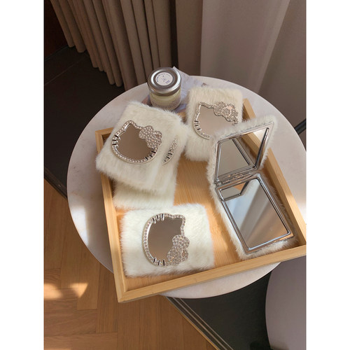 毛绒折叠镜子便携卡通猫咪双面镜