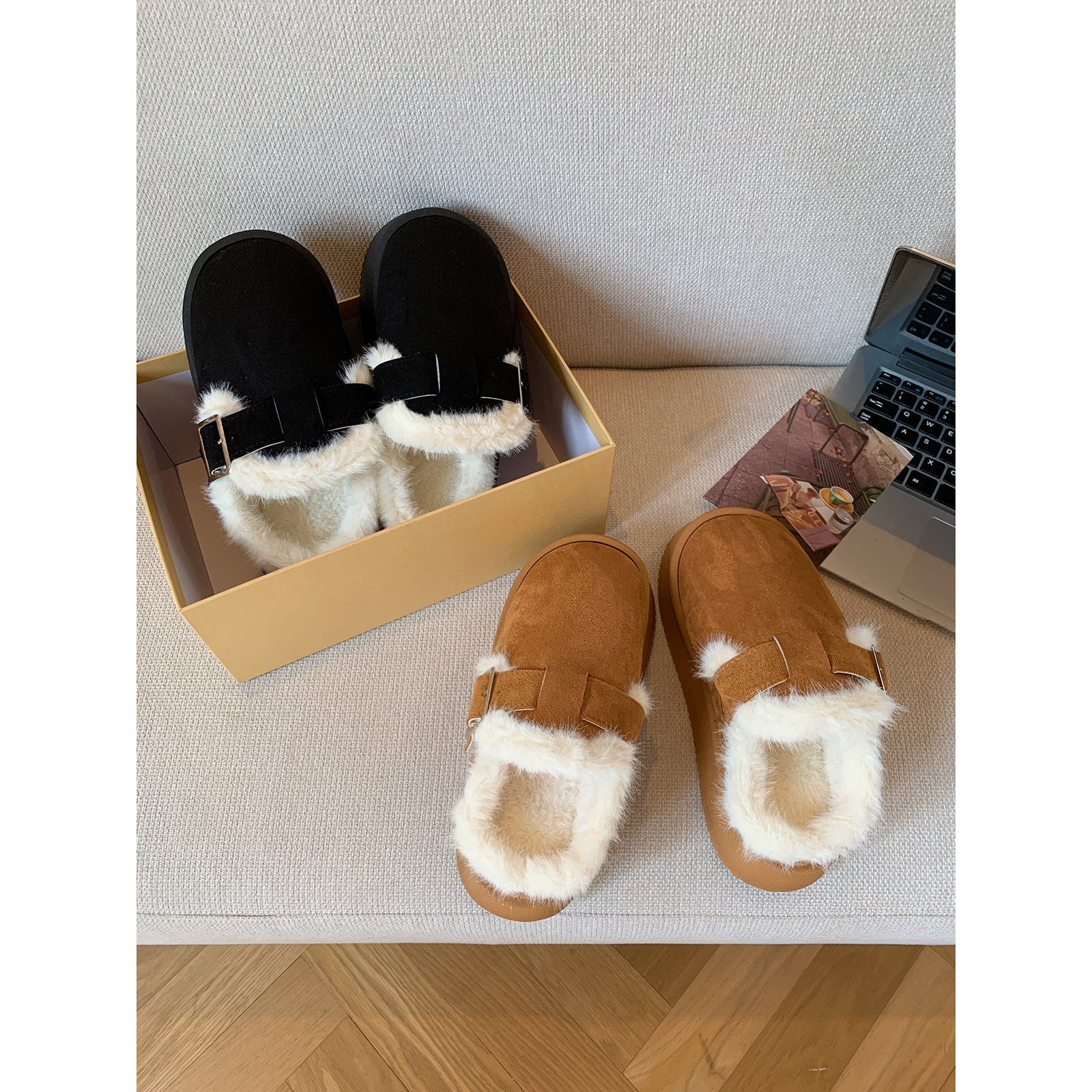 加厚保暖毛绒棉鞋厚底包跟棉拖鞋