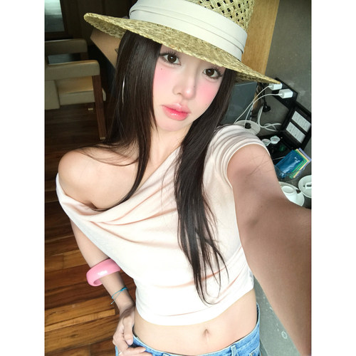 荡领露肩短袖T恤露肚脐辣妹上衣