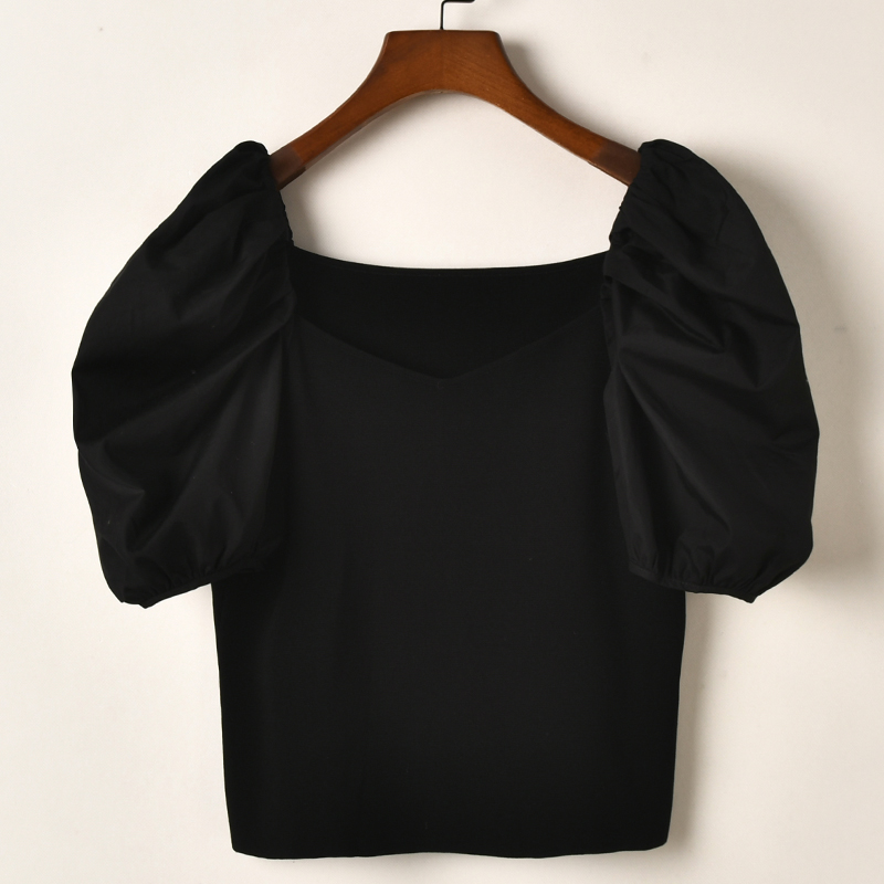 艾诺丝系列黑色方领泡泡袖针织上衣女短袖显瘦百搭修身打底衫