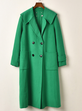 艾诺丝系列绿色大翻领双排扣长款毛呢大衣女宽松时尚风衣外套