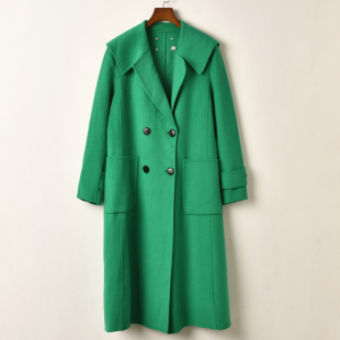艾诺丝系列绿色大翻领双排扣长款 风衣外套 毛呢大衣女宽松时尚