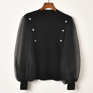 艾诺丝系列品牌针织打底衫女春新款蕾丝拼接显瘦内搭上衣洋气小衫