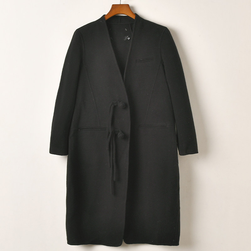 艾诺丝系列极简风黑色毛呢大衣女中长款系带收腰外套时尚显瘦