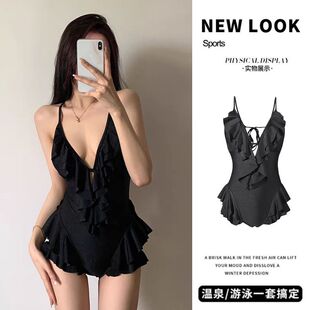 黑色吊带V领荷叶边镂空连体泳衣女韩国ins小胸露背泡温泉性感泳装