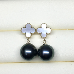 进口大溪地18K金黑珍珠海水珍珠耳钩 黑珍珠耳饰正圆 几乎无瑕