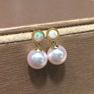 新款欧泊耳环 日本天女珠光 AKOYA海水珍珠18K金花珠耳环正圆珍珠
