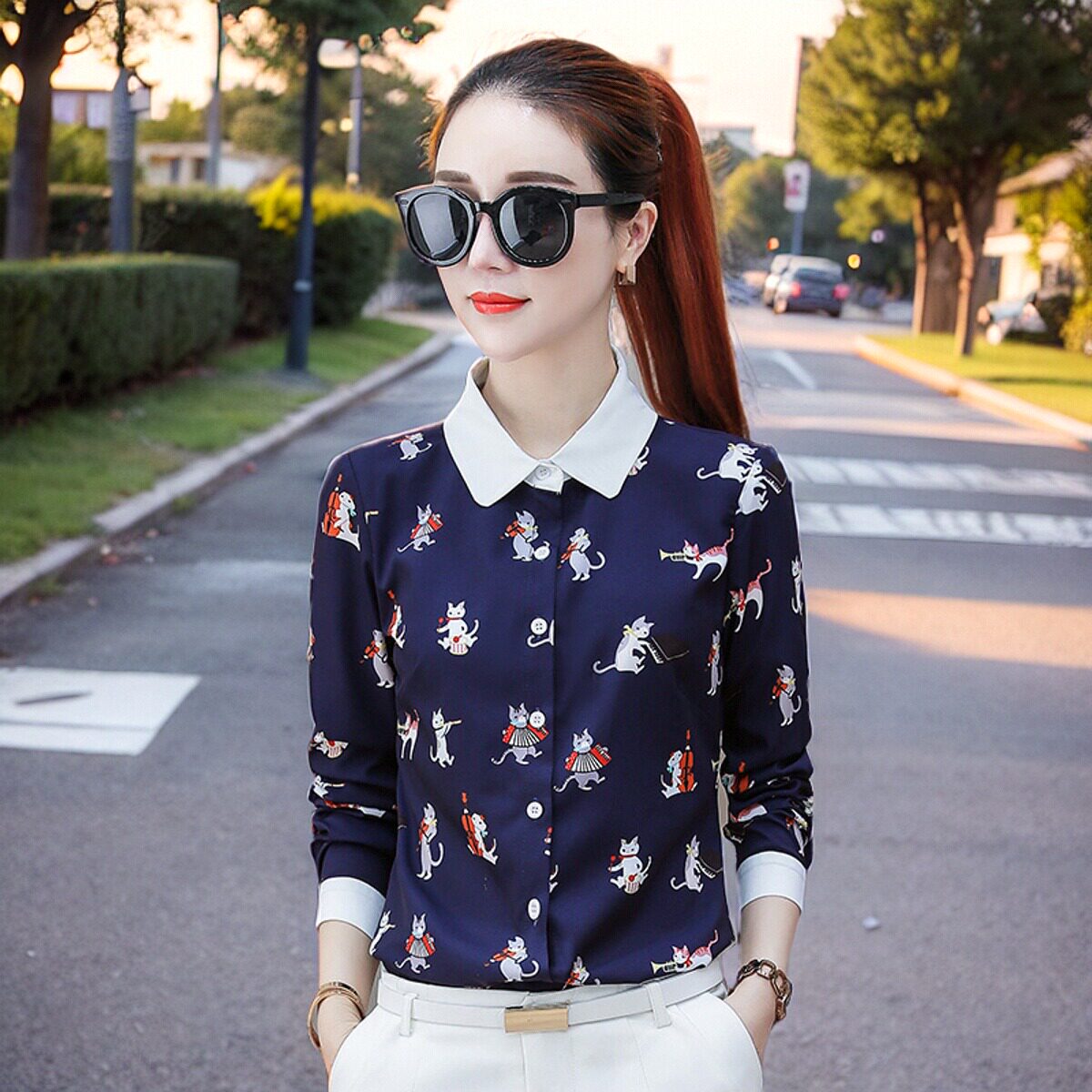 春装新款雪纺衫韩版印花气质长袖衬衫女修身打底衫大码文艺潮女装