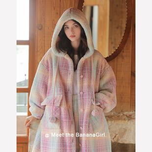 Bananagirl睡衣女套冬季新款加厚加绒大码格子家居服可外穿睡袍套