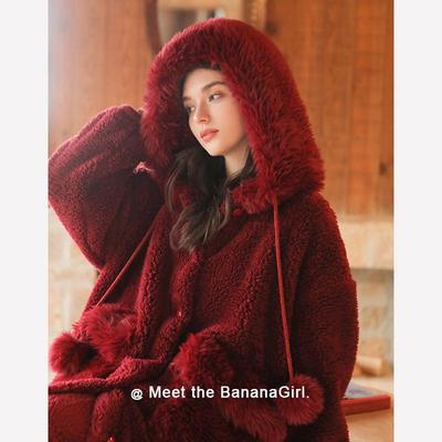 Bananagirl睡衣女新款冬季加厚保暖红色新年长款睡袍可外穿家居服