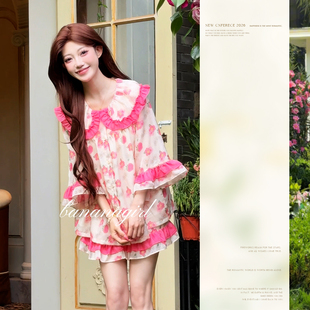 Bananagirl睡衣女款夏季草莓印花娃娃领薄款套装可外穿家居服女套