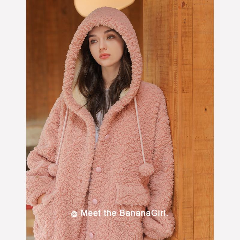 Bananagirl睡衣女套冬季保暖加厚大码简约长款睡袍套装家居服新款