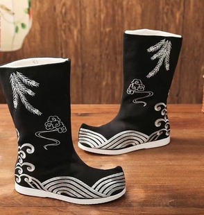 百搭古装汉服男鞋增高靴子COS明制皂靴翘头戏靴防水橡胶底古代靴