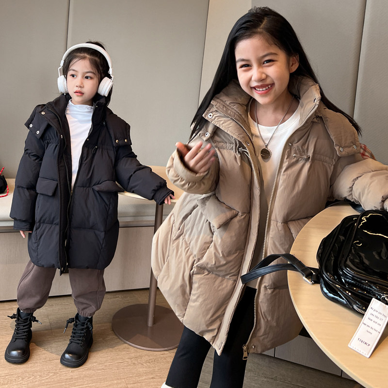秋冬羽丝绒丝服中长款新款女童公主风中大童加厚保暖连帽面包服
