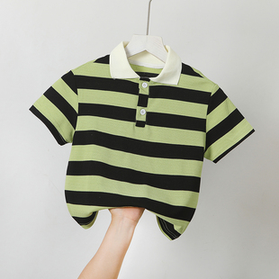 2025新款男童t恤宽松短袖条纹儿童夏装男孩衣服休闲polo衫童装