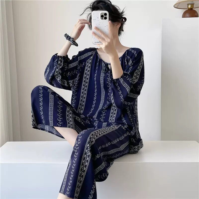 棉绸睡衣女春夏季套装大码甜美短袖长裤学生绵绸家居服可外穿ins