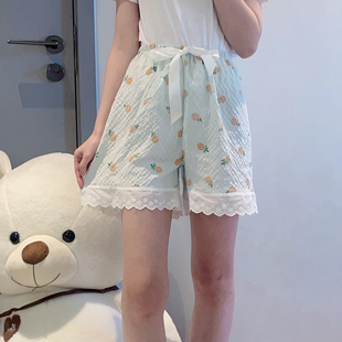 夏季睡裤高腰短裤云朵棉薄款裤子女蕾丝花边阔腿宽松休闲裤可外穿