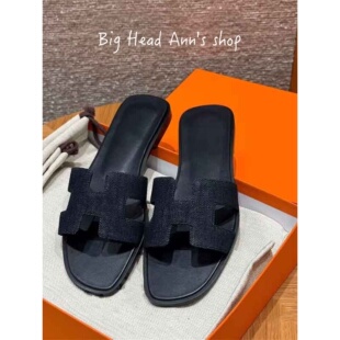水钻H型镂空黑色 真皮一字拖女夏外穿平跟凉拖鞋 BHA 2026年春季