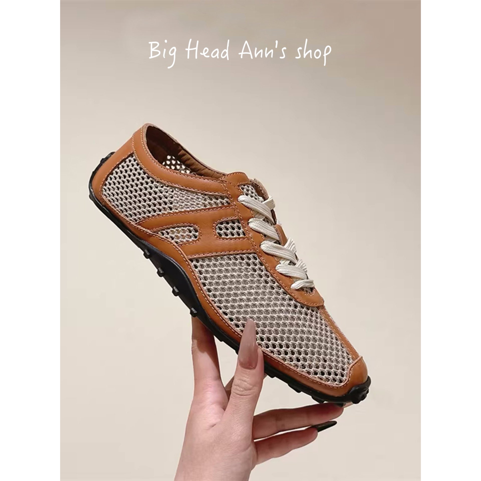 Big Head Ann复古德训鞋女棕色镂空网面透气休闲鞋平底百搭运动鞋,女鞋,德训鞋,淘宝优惠券,粉丝福利购,淘宝优惠卷