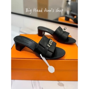 通勤风时尚 潮流 真皮金属锁扣一字拖女外穿粗跟百搭黑色凉拖鞋 BHA