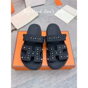 BHA 铆钉真皮一字拖女魔术贴增高凉拖外穿休闲水染皮 2026春夏新款