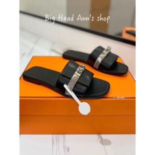 BHA 时尚 平底凉拖鞋 金属锁扣真皮一字拖女外穿平底黑色凉拖鞋