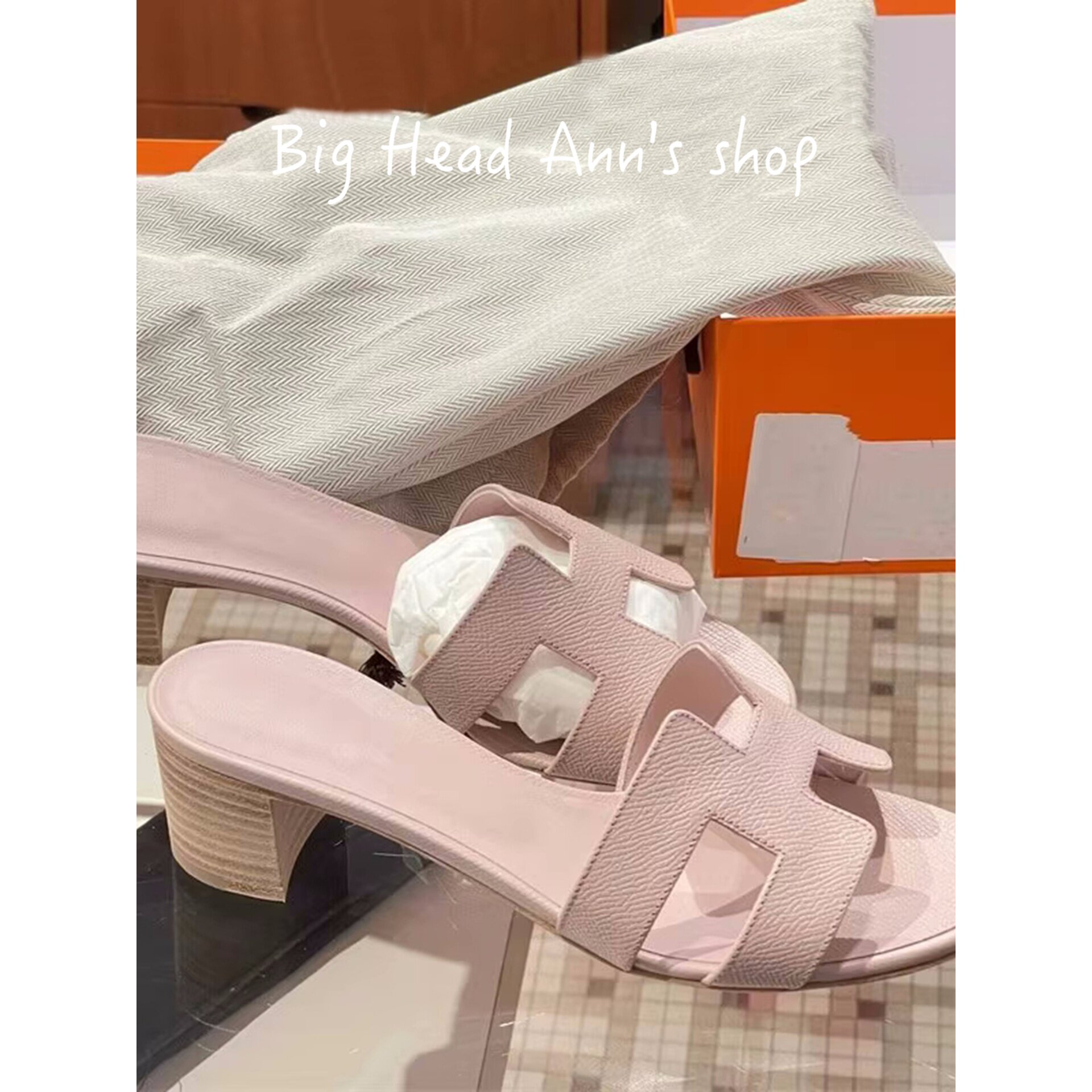 BHA真皮流苏粗跟增高女夏一字拖