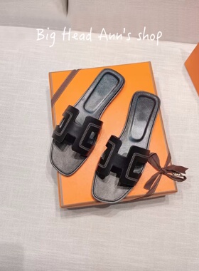 Big Head Ann's shop/真皮平底一字拖鞋女外穿凉拖黑色沙滩拖平跟