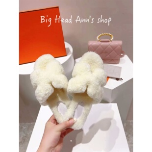 居家拖鞋 皮毛一体懒人鞋 白色毛毛一字拖女外穿平底毛绒拖鞋 BHA