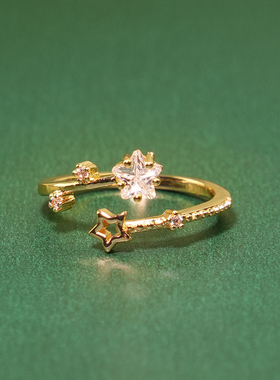 原创设计ins风星语心愿14k包金锆石开口戒指可调节轻奢钻戒高保色