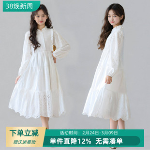 女童白色连衣裙春秋长袖中大童森系纯棉女孩法式洋气高级感公主裙