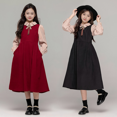 秋冬女童韩版假两件学院风连衣裙