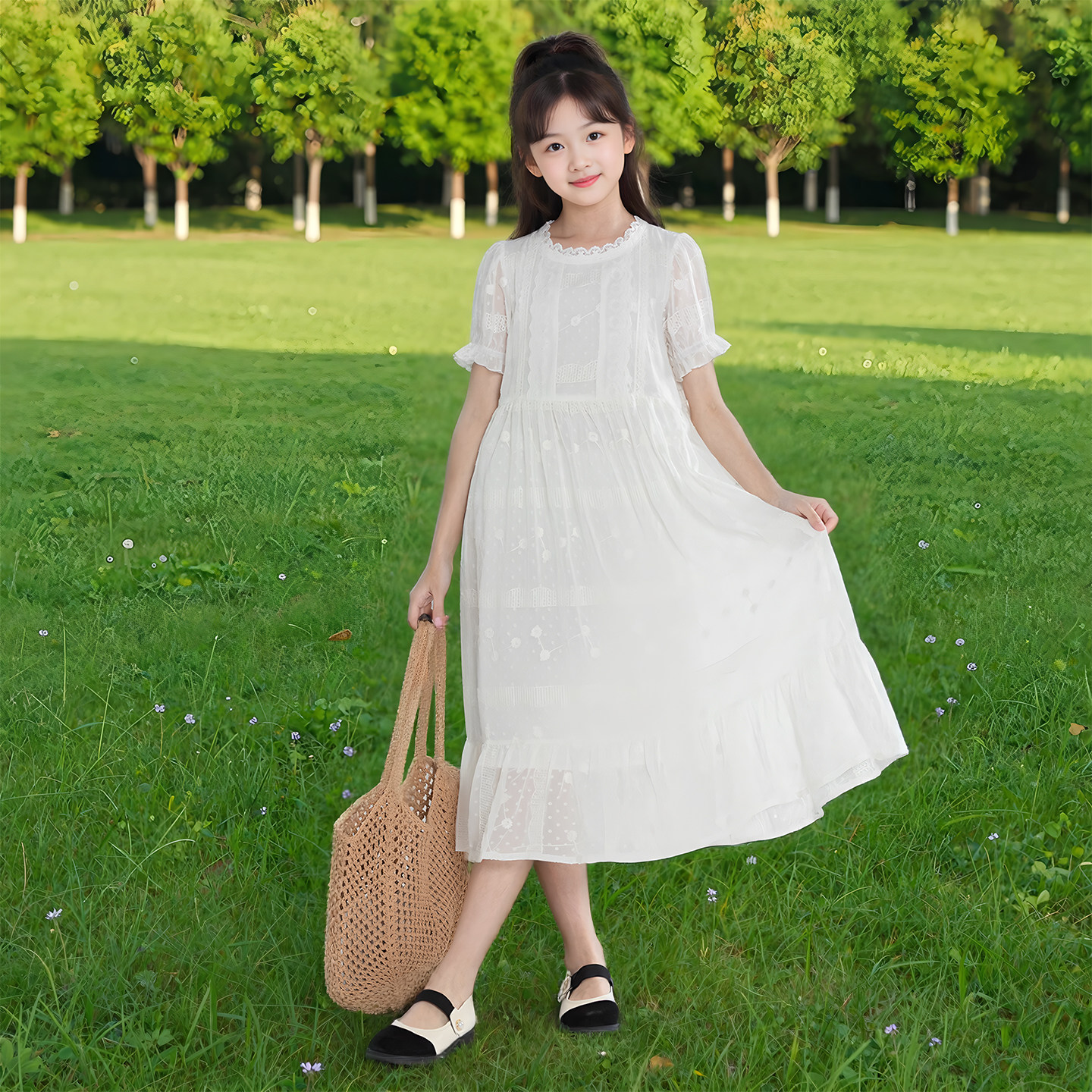 女童白色蕾丝连衣裙夏季2026新款中大童绝美法式公主裙雪纺仙女裙