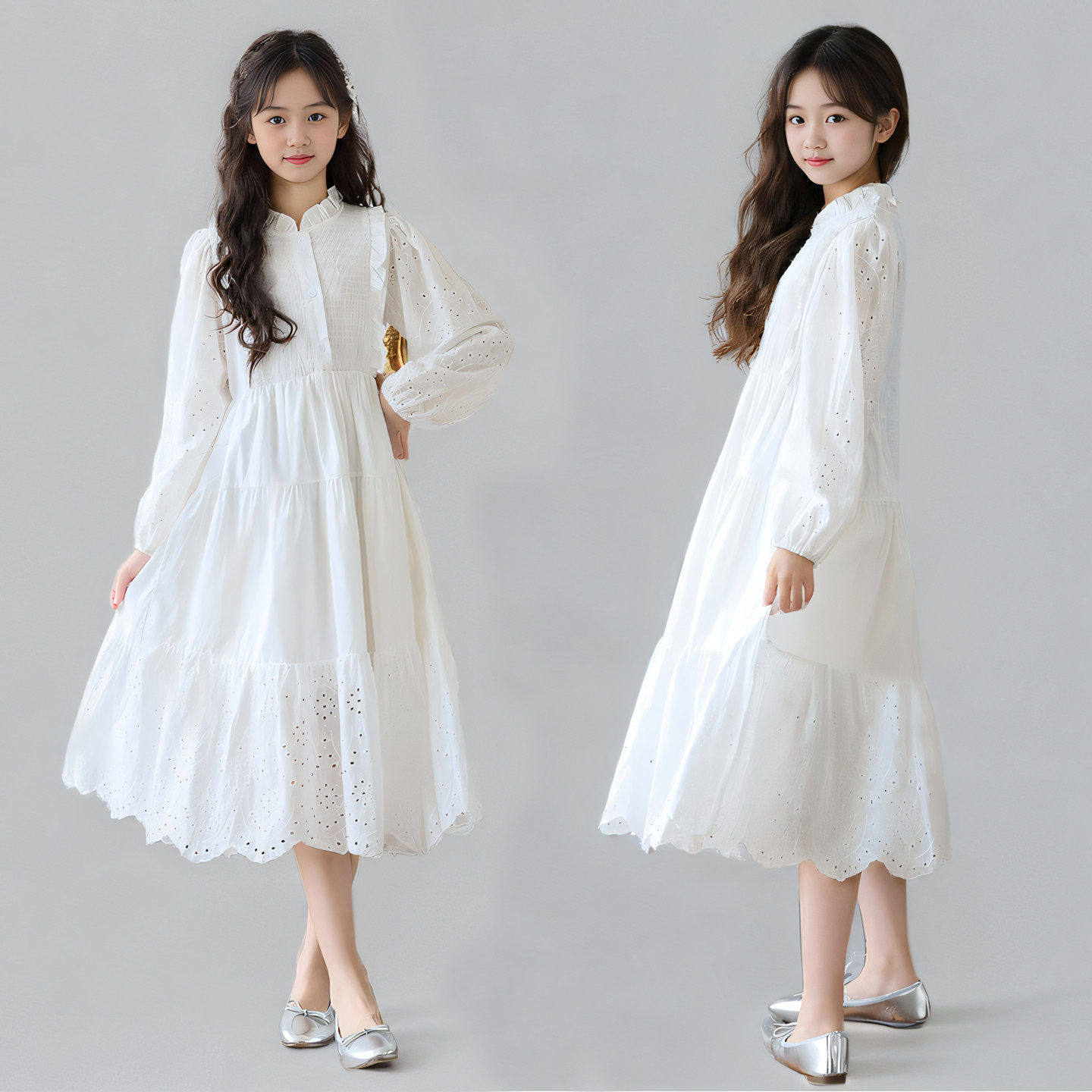 女童白色连衣裙春秋长袖中大童森系纯棉女孩法式洋气高级感公主裙