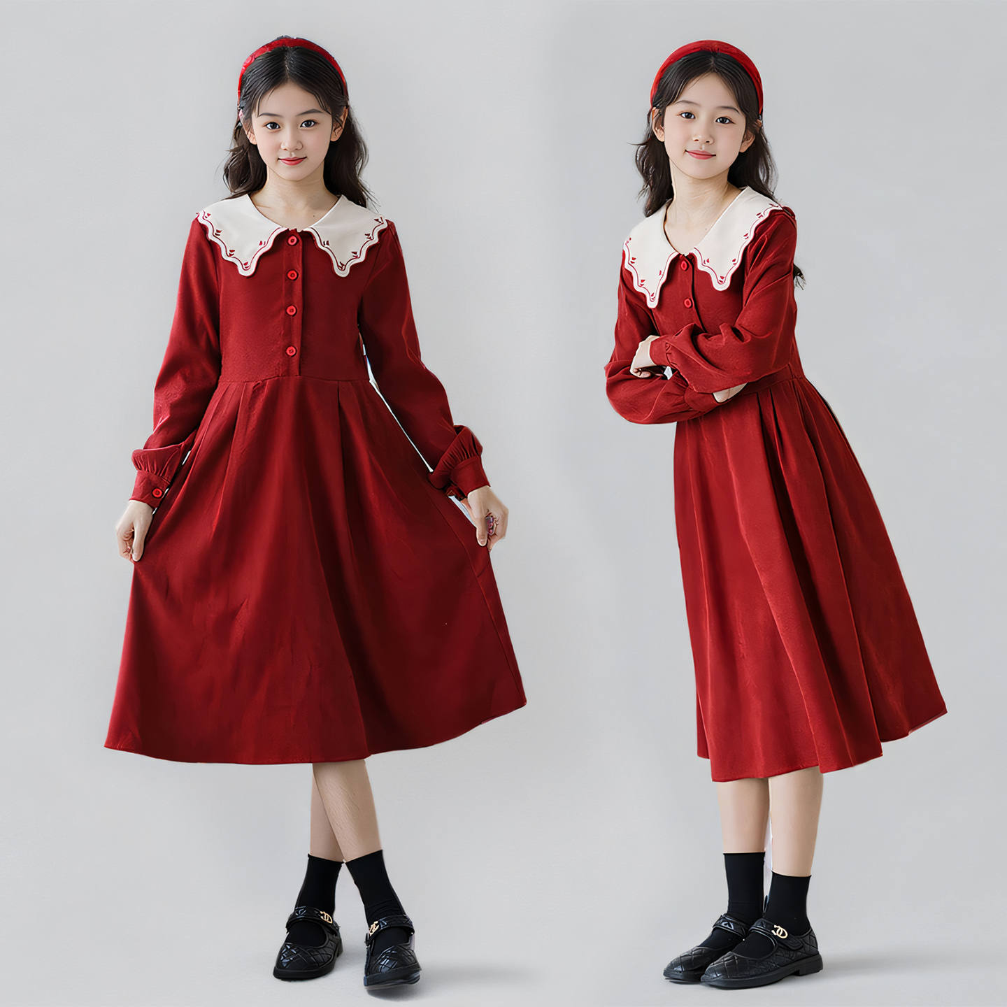 秋冬季女童娃娃领长袖连衣裙2025新款中大童洋气高级感红色公主裙