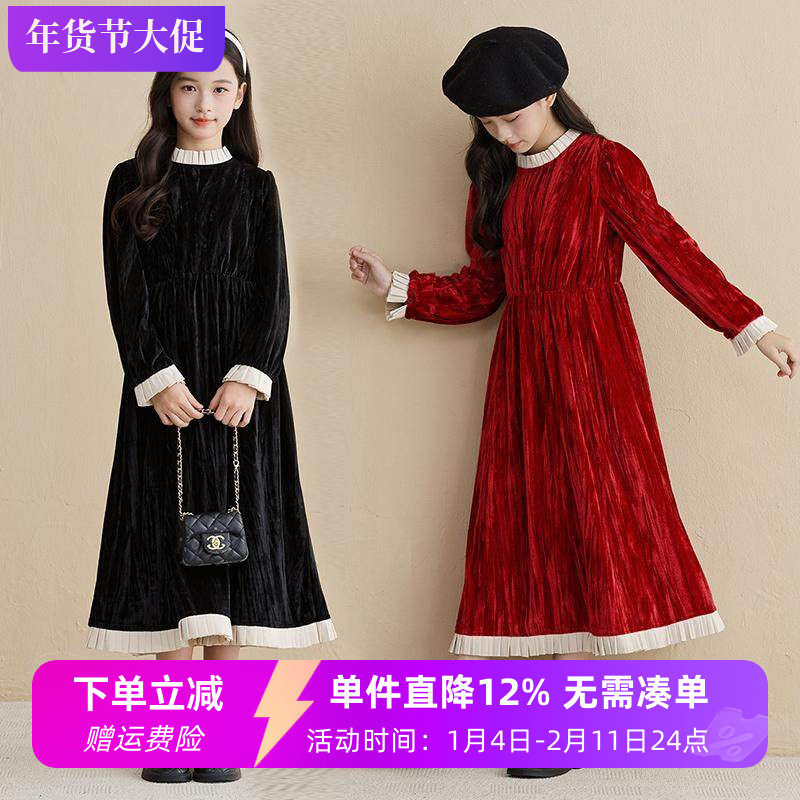 女童秋冬丝绒连衣裙新款洋气中大童红色甜美文艺连衣裙加绒公主裙