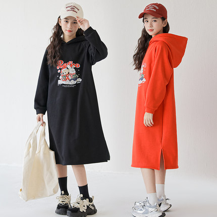 女童加绒连帽连衣裙2024新款秋冬洋气长款卫衣裙韩版中大童休闲裙